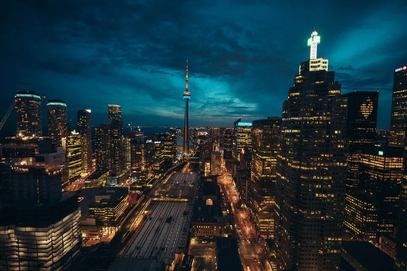 Vibrant Toronto skyline at night enhances cultural language immersion in Canada